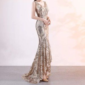 Multi Color Stretchy Backless Gown With Gold Flower Embellishments